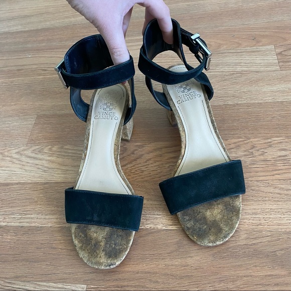 Vince Camuto Black Suede & Cork Heeled Sandals - Picture 2 of 5